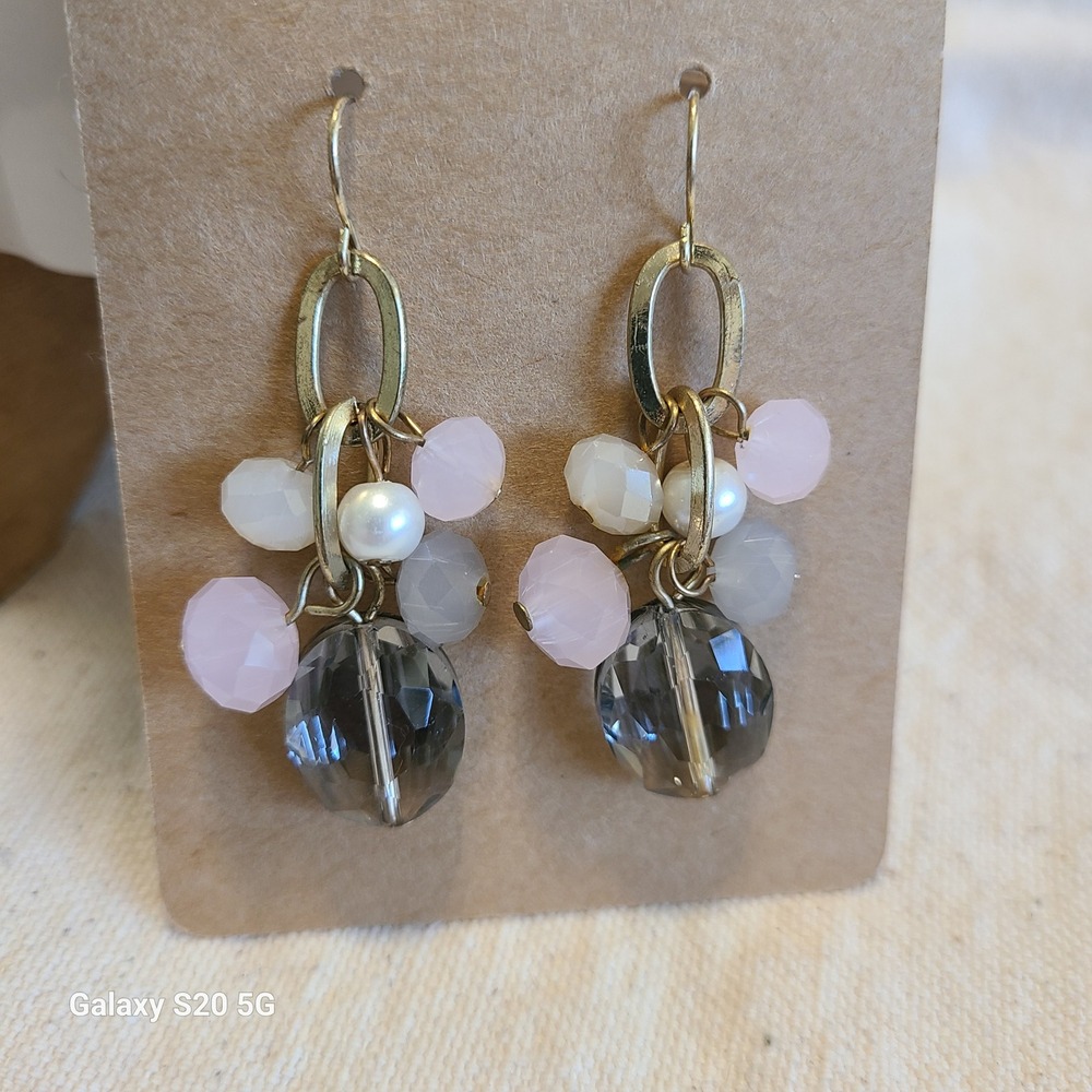 Beaded Dangle Earrings Pink‎ Gray White Gold Tone Drop Earrings Women